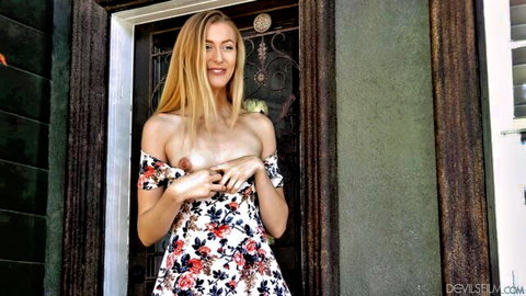 Alexa Grace in sexy off-shoulder floral dress, blonde beauty smiling teasingly
