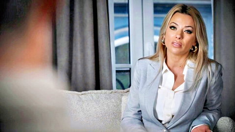 Shalina Devine in gray suit, submissive gaze for wild DP submission
