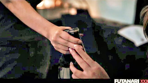 Asian futanari babe toasting with champagne, intimate hand exchange