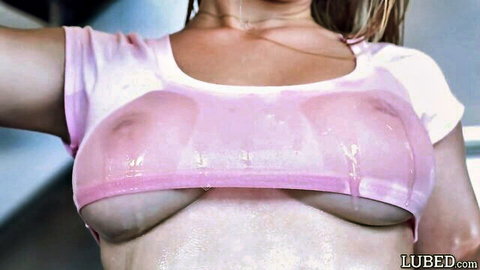 Busty blonde babe in wet see-through t-shirt, oiled up for hard fuck and facial