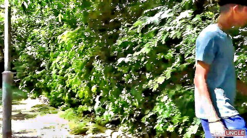 Rick Lennon in casual outdoor pose for bareback anal threesome with Frankie Morel and babe