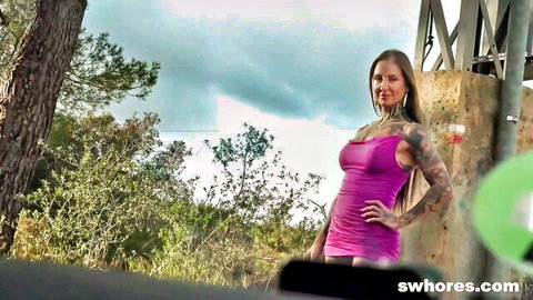 Barbara Grey in tight pink dress, tattoos, outdoor tease