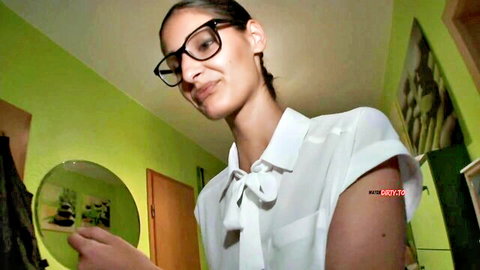 Coco Kiss in sexy white blouse, glasses and ponytail, POV mirror tease