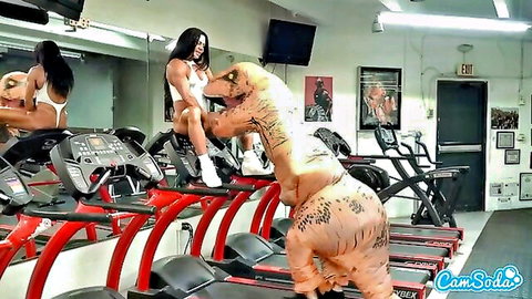 Busty stepmom in gym wear groped by T-Rex costume