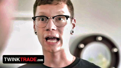 Shocked young twink in glasses, earring gauges, black t-shirt, stepson discipline scene