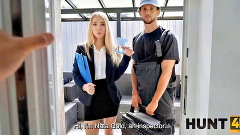 Natalia Gold as horny blonde inspector in skirt suits up with handyman