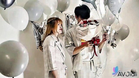 Petite Asian Misha seduces director with romantic roses and balloons