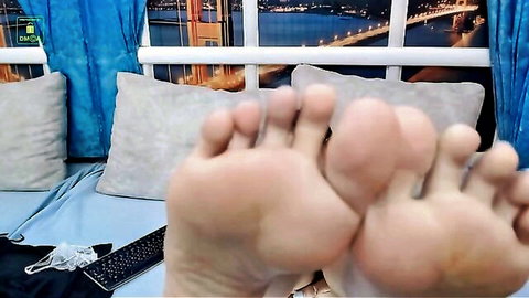 Asian cam girl bare feet close-up in solo dildo tease