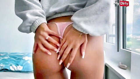 Blonde teen spreads ass in pink thong for solo toy play HD