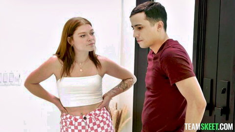 Redhead Danae Mari in white crop top and checkered pants confronts Ricky Spanish, Mylf threesome tease