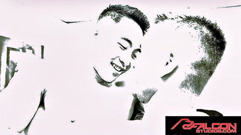 Smiling Asian jock embraces partner in intimate gay pose, Falcon Studios