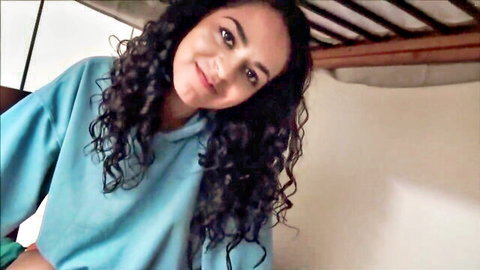 Petite Vienna Black smiling in blue hoodie for steamy POV threesome