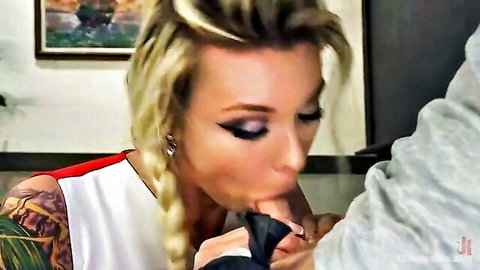 Blonde athletic cheerleader gives blowjob to tutor in uniform