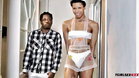 Black tgirl Cloudy Vi and GF in sheer lingerie doorway pose