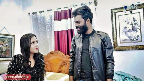 Real Indian girlfriend in sparkly top with bearded boyfriend in leather jacket