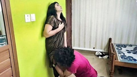 Ecstatic South Asian woman in brown saree gets pussy licked by kneeling curly-haired lover
