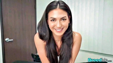 Smiling young brunette with long hair teasing for rough creampie fuck
