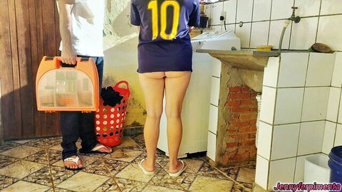 Desi in tight soccer jersey pays for washing machine with her squirting booty