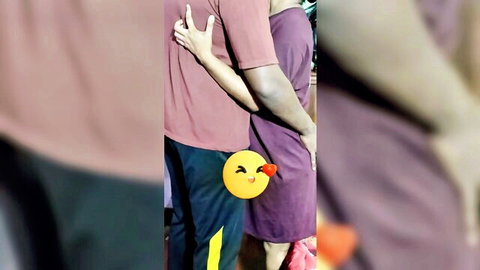 Hot Indian aunty in purple dress embraced by hubby in casual teasing pose