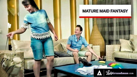 Mature maid fantasy: Horny grandma in shorts teases young stud before steamy action