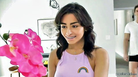 Hot Latina with braces in pink tank top teases before hard shower fuck