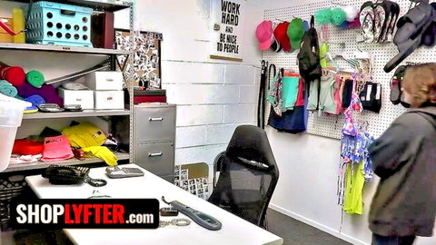 Chubby blonde teen in hoodie in store backroom, shoplifting deal vibe