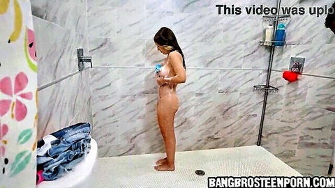 Nude Asian teen showering, impressed by black stepdad's huge penis