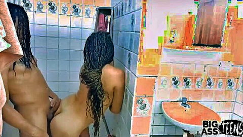 Black stepdaughter with big ass bent over in shower doggy style