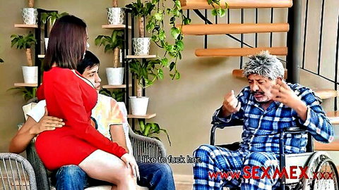 Giselle Montes in red dress seducing older man, lusty encounter