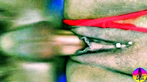 Thick cock penetrating pierced wet pussy closeup with red lingerie straps
