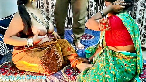 Desi Indian malkin and mom in sarees breastfeeding servant in group sex