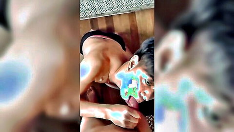 Blurry Asian amateur woman topless eating cum on face
