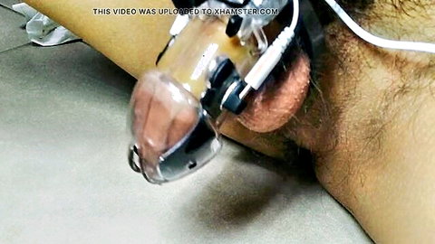 Twink's small dick in clear chastity cage with electro shock wires