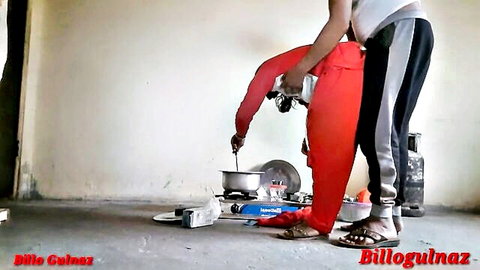 Indian maid bent over stove fucked in kitchen by man