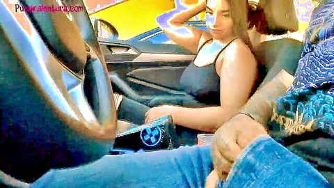 Latina woman in black tank top teases in car with driver's hand on thigh, amateur scene