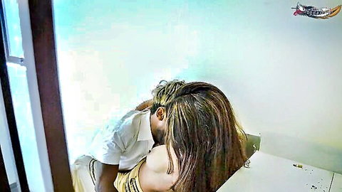 Desi couple in intimate neck kiss foreplay, woman with long hair