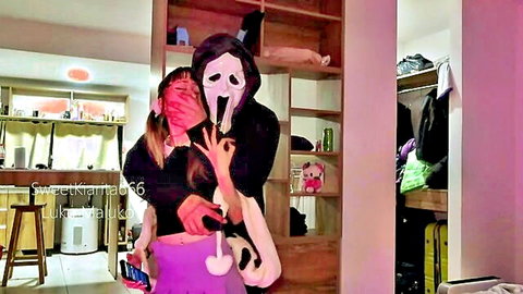 Ghostface masked figure hugs Asian woman in skirt, teasing anal gape creampie