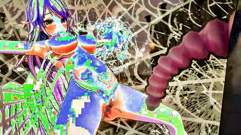 Glitchy 3D elf cheerleader with huge tits spreads shaved pussy for thick purple tentacle penetration