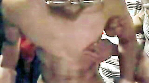 Muscular tattooed Japanese men in prison stripes groping in gay gangbang tease