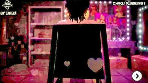 Nude anime girl with short black hair sits bare-assed on chair facing mirror in pink bedroom