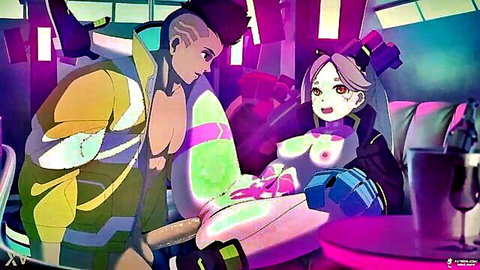 Cartoon mohawked hunk fucks small tits cyberpunk girl missionary creampie on couch