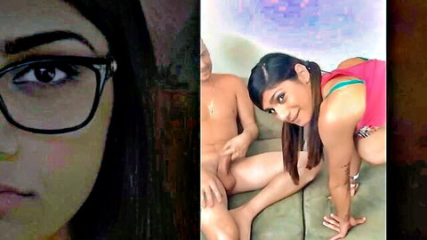 Curvy Arab brunette in glasses squats nude showing big ass tight pussy beside naked man hard cock