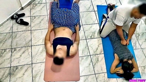 Asian wife enjoys client massage in cuckold couples session, husband watches