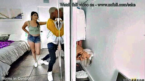 Penelope Woods in tight shorts with black stud, Seka Black peeking nude in Brazzers GILF scene
