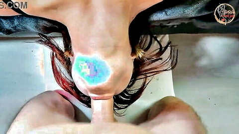 Redhead woman deepthroats man upside down, intense oral sex and cum swallow