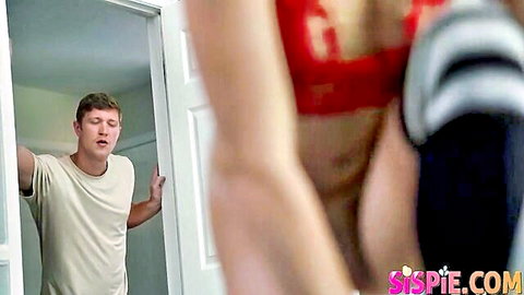 Katie Kush in split jeans, stepsister tease with red lingerie and stockings