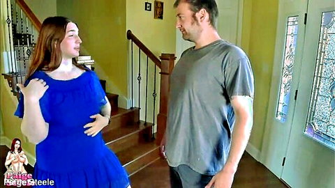 Horny curvy housewife in blue dress teases gutter guy at home stairs