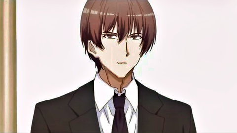 Handsome anime guy in black suit with intense sharp eyes staring seductively