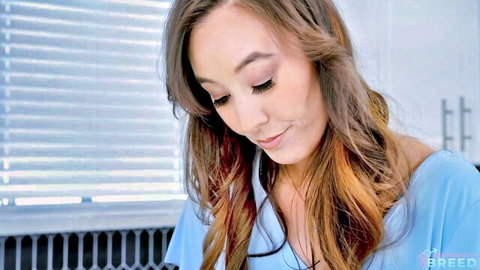 Christy Love seductive smile in blue top, MILF breeding lesson thumbnail