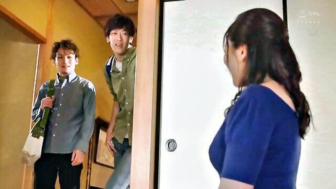 Two young Japanese men greet long-haired woman in blue dress at home door